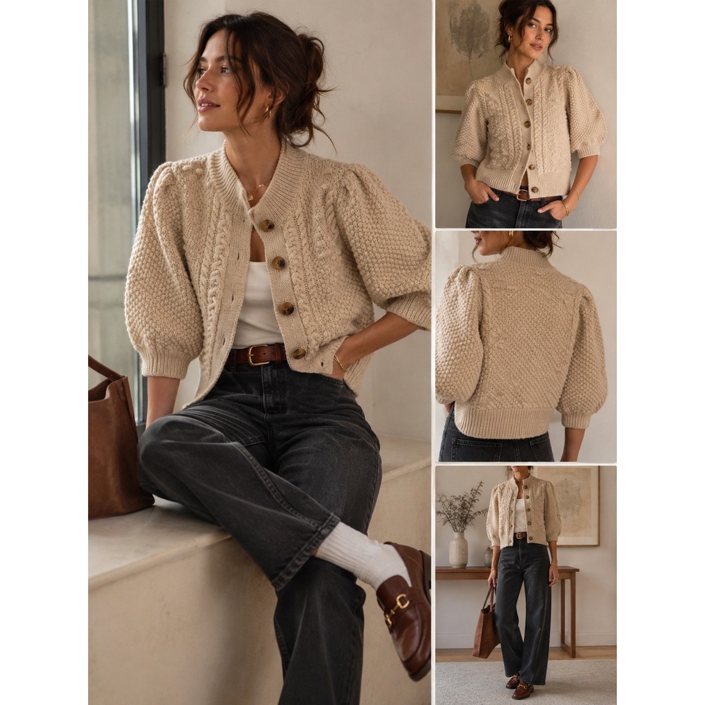 Who What Wear L Cable Knit Cardigan Puff Sleeve Fisherman Grandmacore Wool